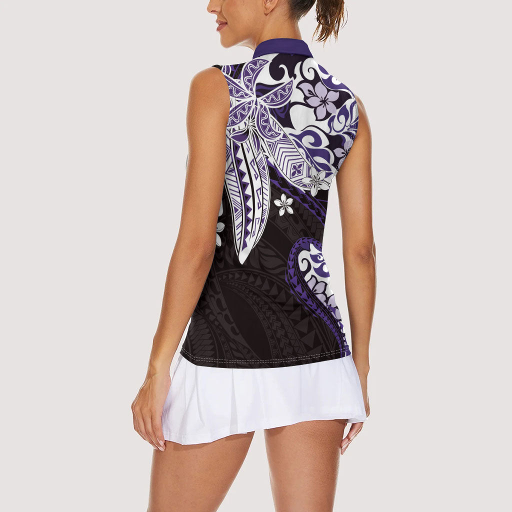 Monstera Plumeria Flowers Purple Women Sleeveless Polo Shirt Polynesian Pattern