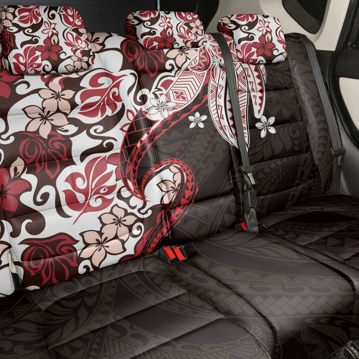 Monstera Plumeria Flowers Red Back Car Seat Cover Polynesian Pattern