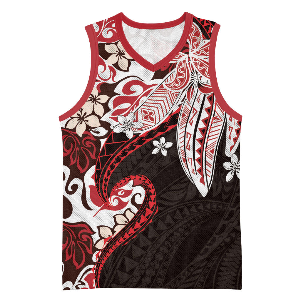 Monstera Plumeria Flowers Red Basketball Jersey Polynesian Pattern LT01 Unisex Red - Polynesian Pride