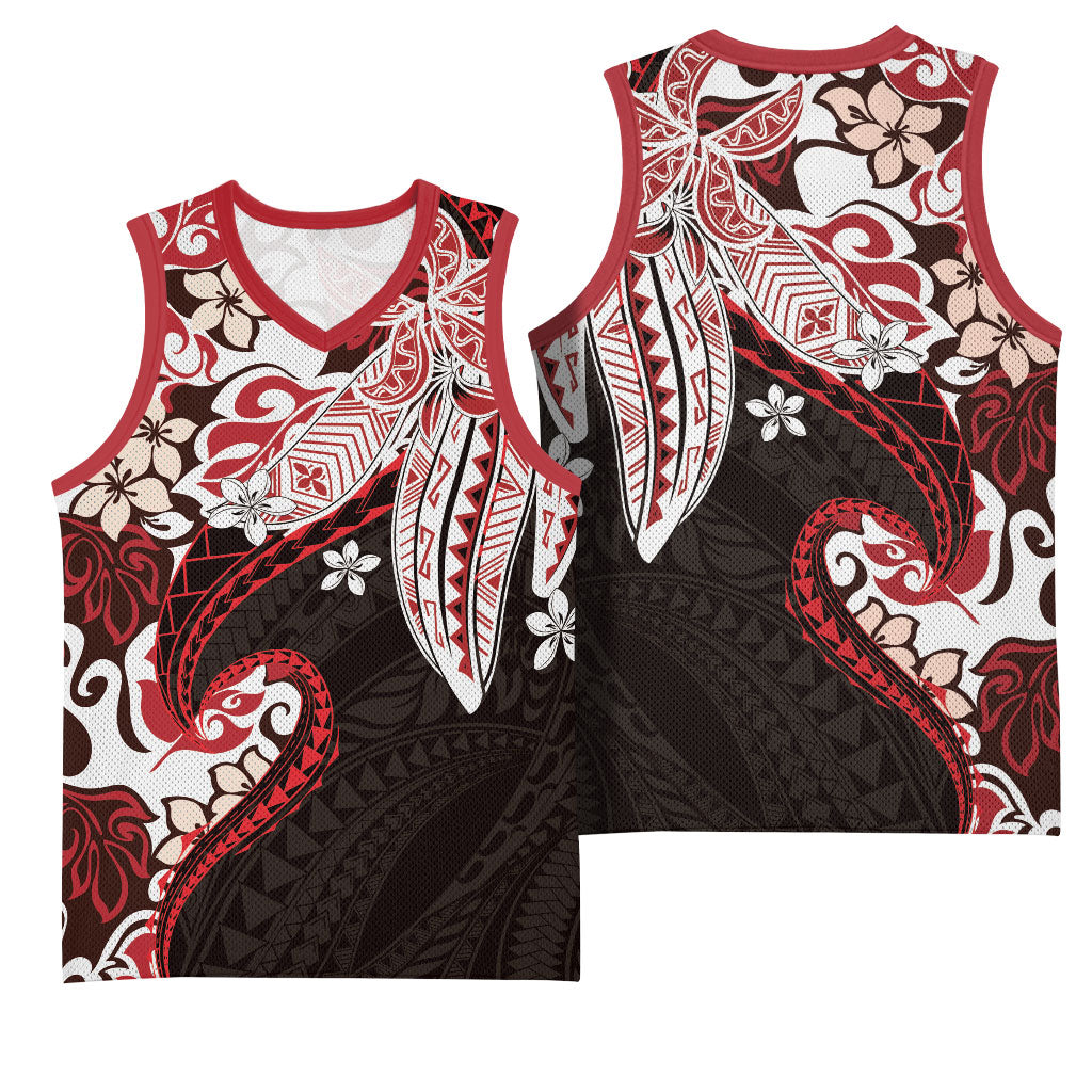 Monstera Plumeria Flowers Red Basketball Jersey Polynesian Pattern LT01 - Polynesian Pride