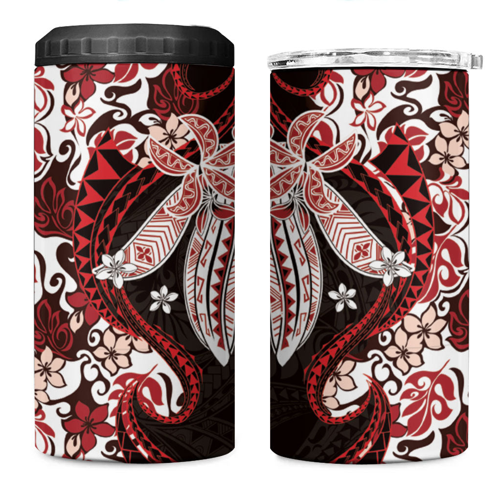 Monstera Plumeria Flowers Red 4 in 1 Can Cooler Tumbler Polynesian Pattern
