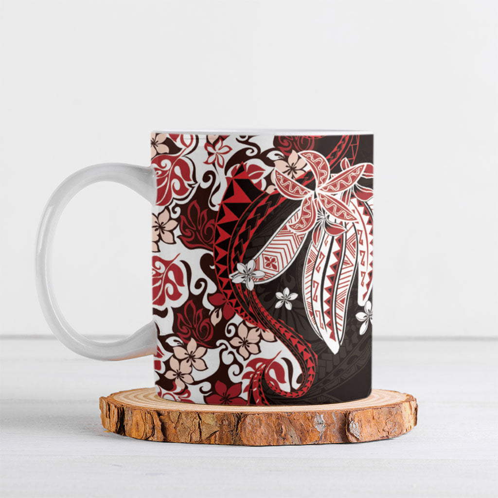 Monstera Plumeria Flowers Red Ceramic Mug Polynesian Pattern