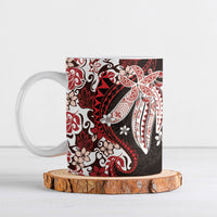 Monstera Plumeria Flowers Red Ceramic Mug Polynesian Pattern