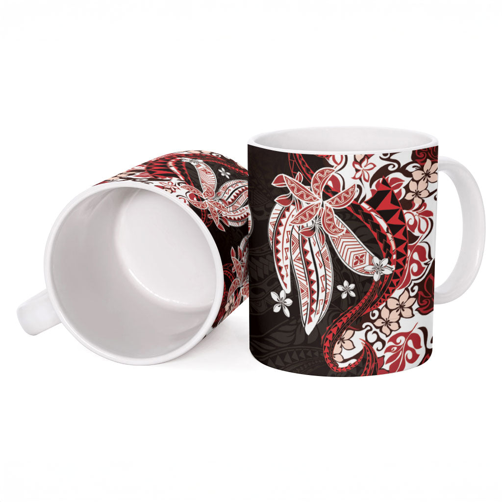 Monstera Plumeria Flowers Red Ceramic Mug Polynesian Pattern