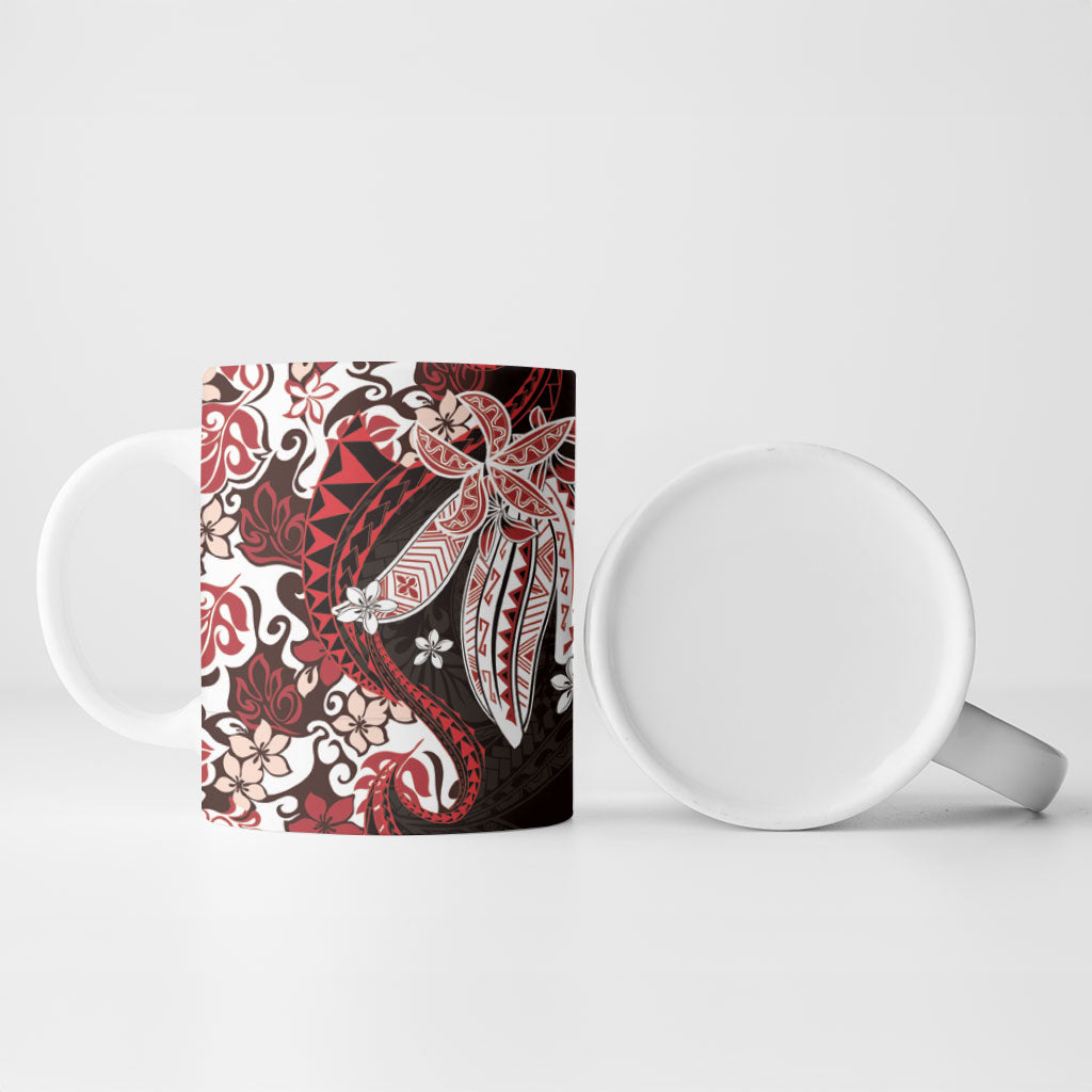 Monstera Plumeria Flowers Red Ceramic Mug Polynesian Pattern