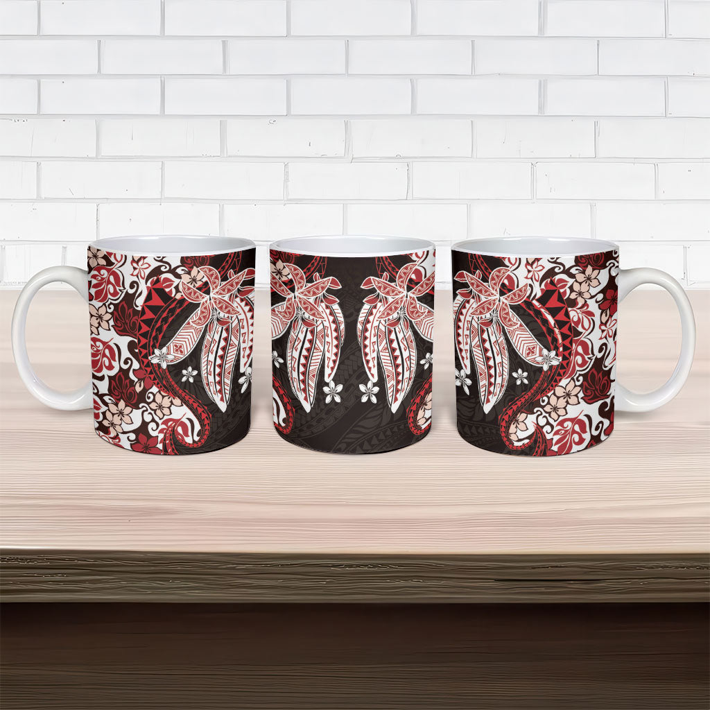 Monstera Plumeria Flowers Red Ceramic Mug Polynesian Pattern