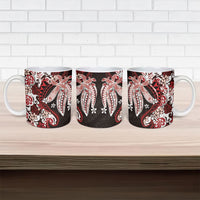 Monstera Plumeria Flowers Red Ceramic Mug Polynesian Pattern