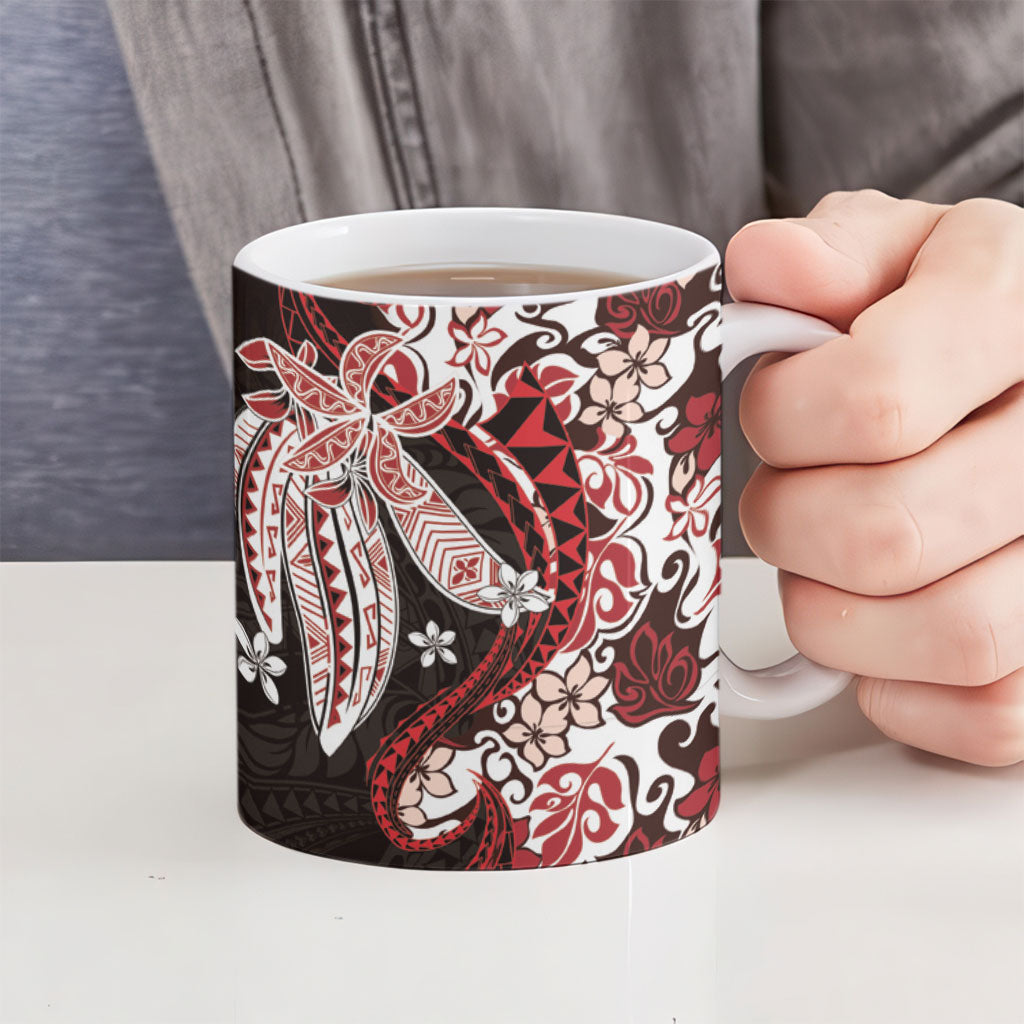 Monstera Plumeria Flowers Red Ceramic Mug Polynesian Pattern