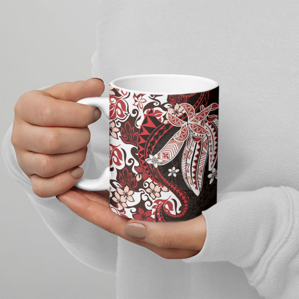 Monstera Plumeria Flowers Red Ceramic Mug Polynesian Pattern