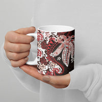 Monstera Plumeria Flowers Red Ceramic Mug Polynesian Pattern