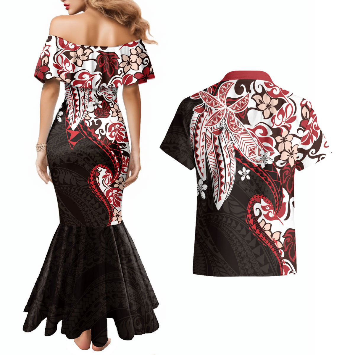 Monstera Plumeria Flowers Red Couples Matching Mermaid Dress and Hawaiian Shirt Polynesian Pattern