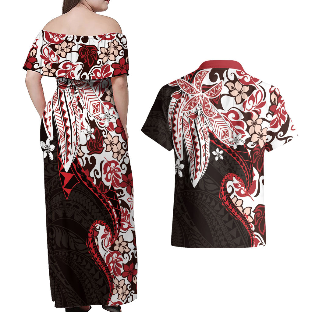 Monstera Plumeria Flowers Red Couples Matching Off Shoulder Maxi Dress and Hawaiian Shirt Polynesian Pattern