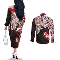 Monstera Plumeria Flowers Red Couples Matching Off The Shoulder Long Sleeve Dress and Long Sleeve Button Shirt Polynesian Pattern