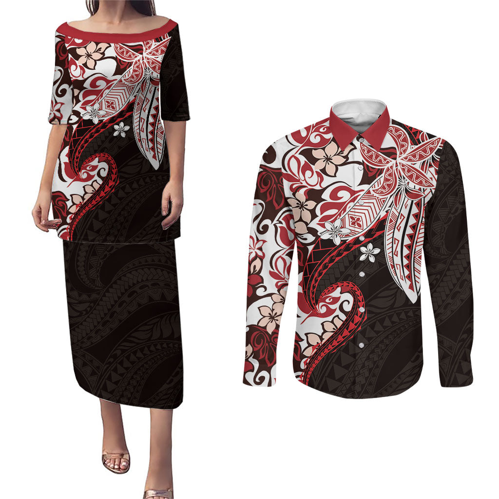 Monstera Plumeria Flowers Red Couples Matching Puletasi and Long Sleeve Button Shirt Polynesian Pattern LT01 Red - Polynesian Pride