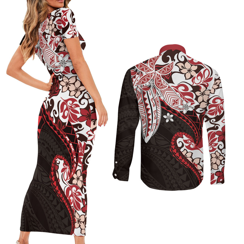 Monstera Plumeria Flowers Red Couples Matching Short Sleeve Bodycon Dress and Long Sleeve Button Shirt Polynesian Pattern