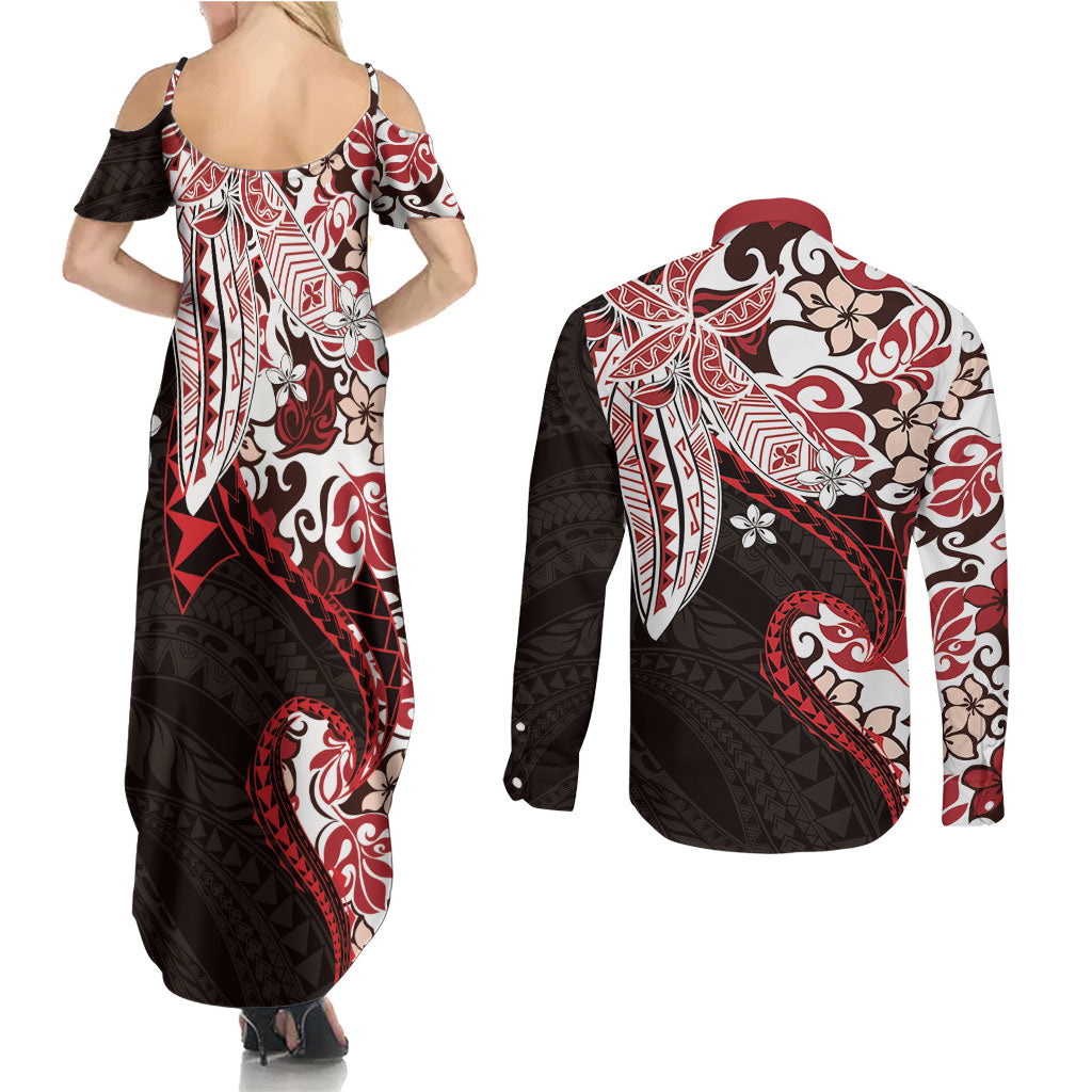 Monstera Plumeria Flowers Red Couples Matching Summer Maxi Dress and Long Sleeve Button Shirt Polynesian Pattern
