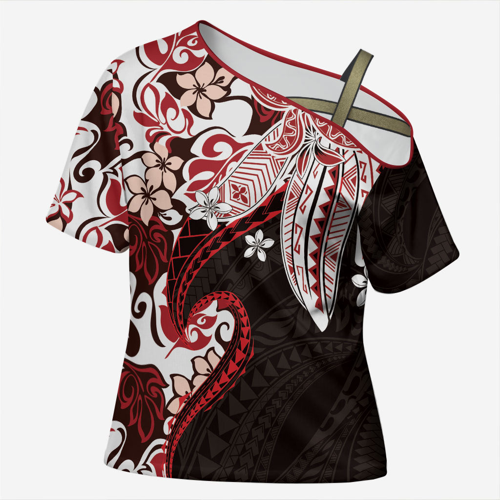 Monstera Plumeria Flowers Red Cross Shoulder Shirt Polynesian Pattern