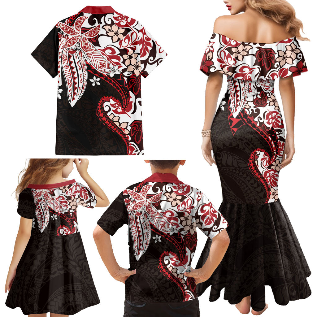 Monstera Plumeria Flowers Red Family Matching Mermaid Dress and Hawaiian Shirt Polynesian Pattern LT01 - Polynesian Pride