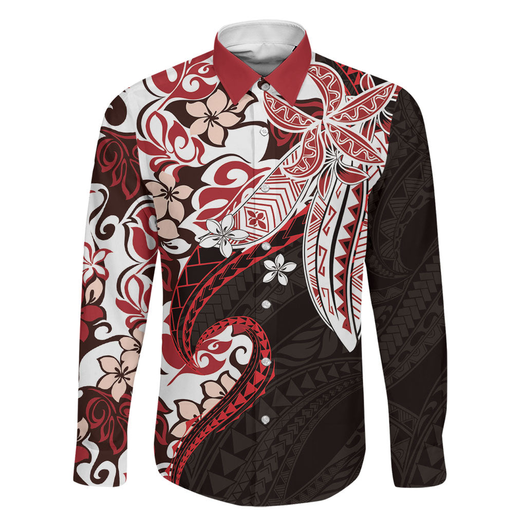 Monstera Plumeria Flowers Red Family Matching Off Shoulder Maxi Dress and Hawaiian Shirt Polynesian Pattern LT01 Dad's Shirt - Long Sleeve Red - Polynesian Pride