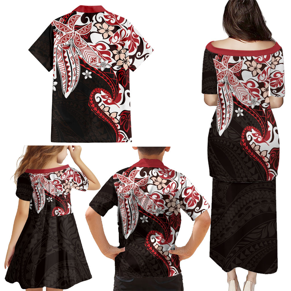 Monstera Plumeria Flowers Red Family Matching Puletasi and Hawaiian Shirt Polynesian Pattern LT01 - Polynesian Pride
