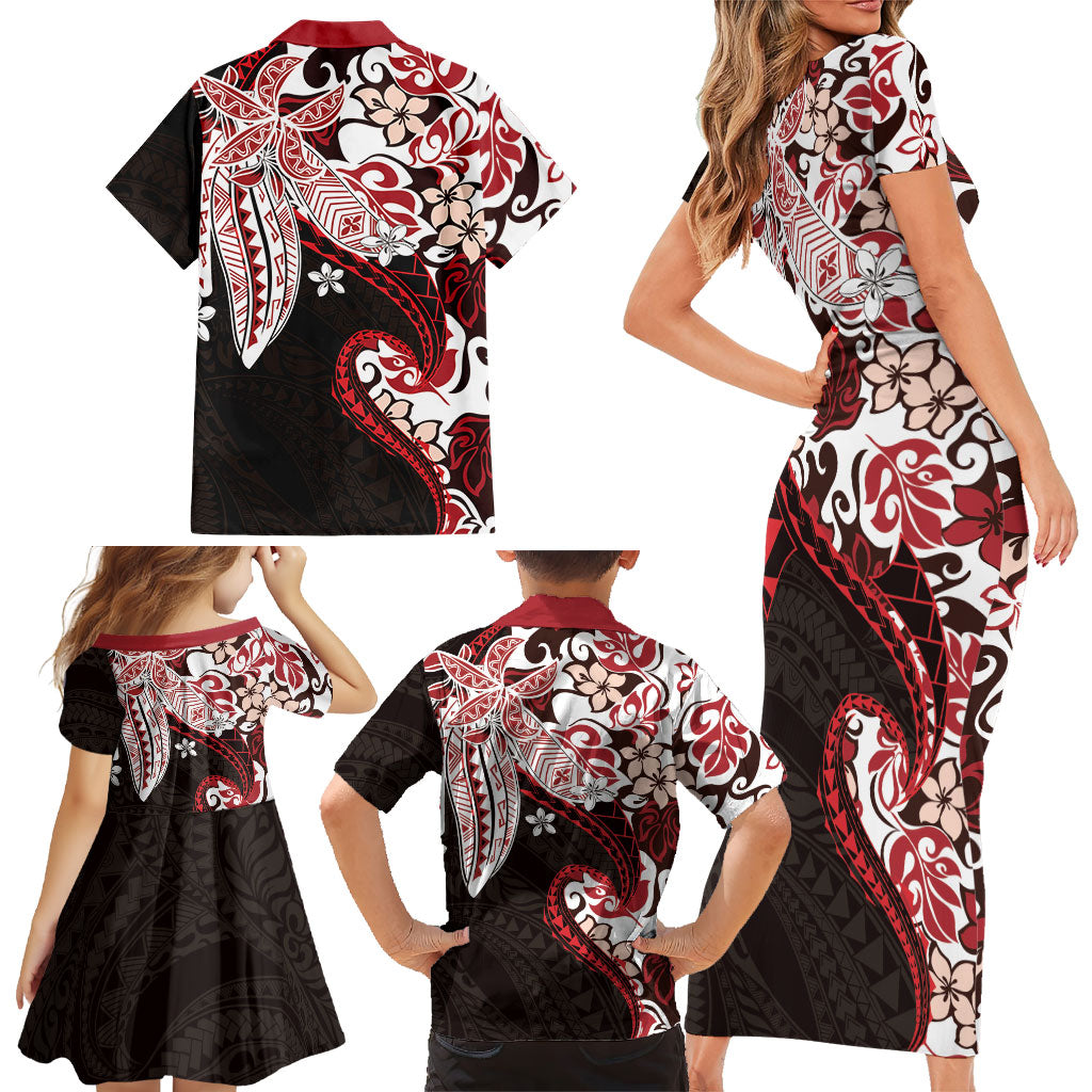 Monstera Plumeria Flowers Red Family Matching Short Sleeve Bodycon Dress and Hawaiian Shirt Polynesian Pattern