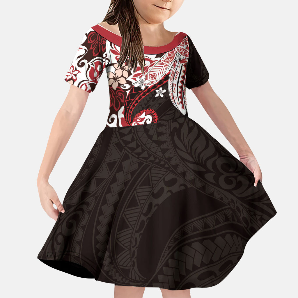 Monstera Plumeria Flowers Red Family Matching Summer Maxi Dress and Hawaiian Shirt Polynesian Pattern LT01 Daughter's Dress Red - Polynesian Pride