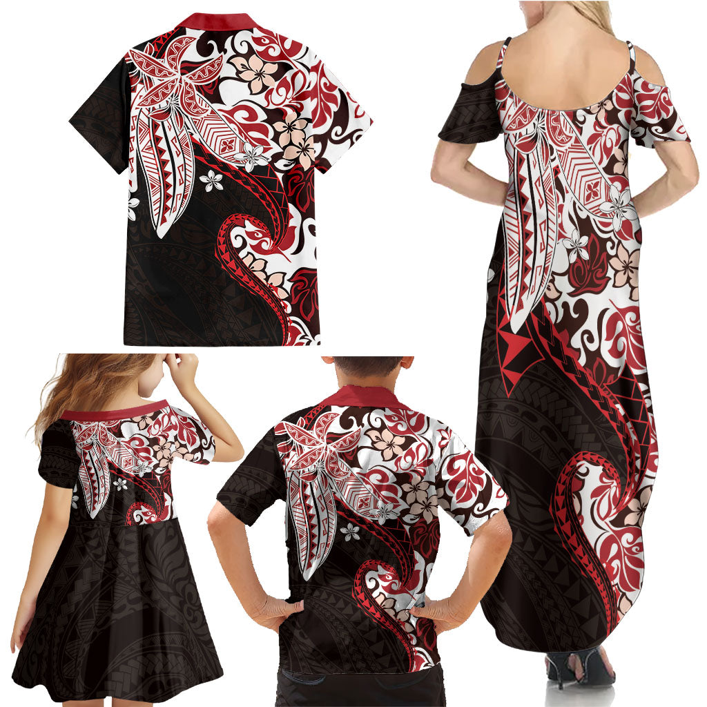 Monstera Plumeria Flowers Red Family Matching Summer Maxi Dress and Hawaiian Shirt Polynesian Pattern LT01 - Polynesian Pride