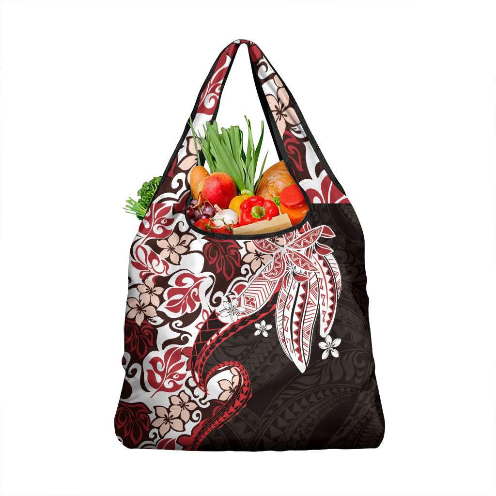 Monstera Plumeria Flowers Red Grocery Bag Polynesian Pattern LT01 1-pack One Size Red - Polynesian Pride