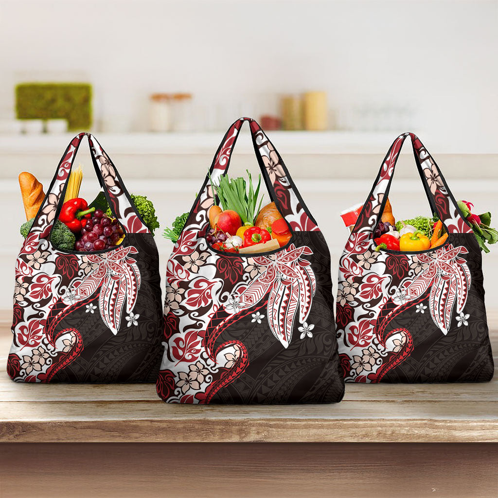 Monstera Plumeria Flowers Red Grocery Bag Polynesian Pattern