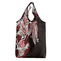 Monstera Plumeria Flowers Red Grocery Bag Polynesian Pattern
