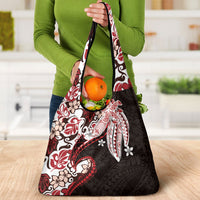 Monstera Plumeria Flowers Red Grocery Bag Polynesian Pattern
