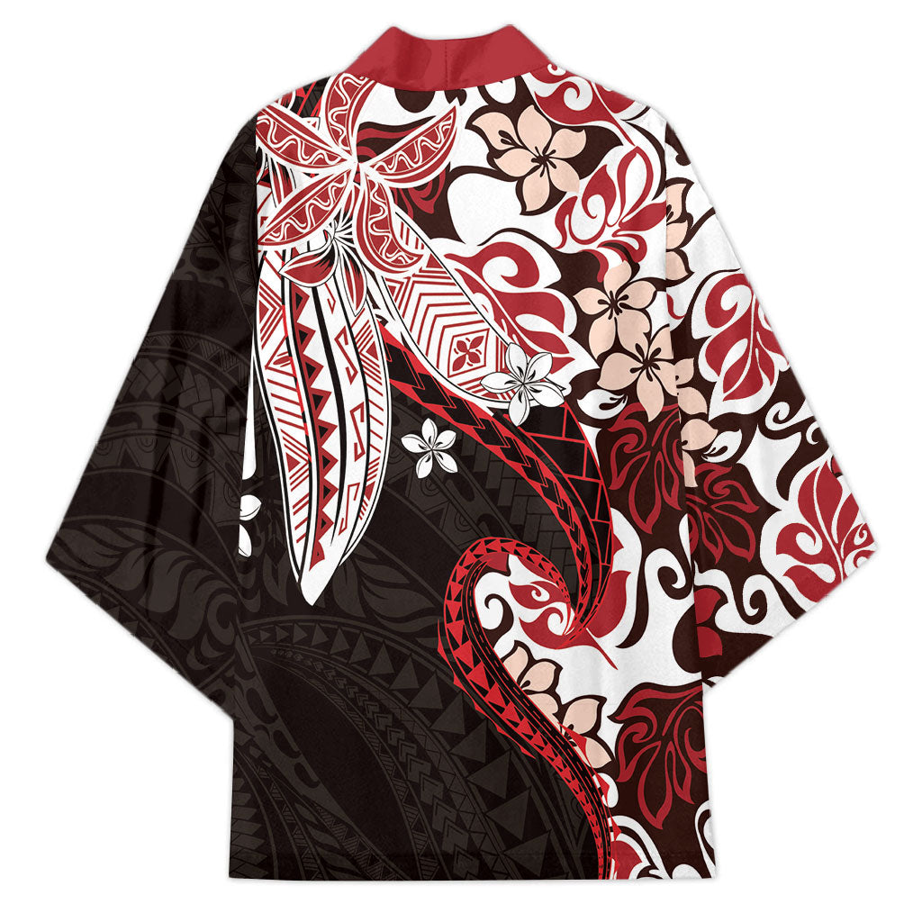Monstera Plumeria Flowers Red Kimono Polynesian Pattern