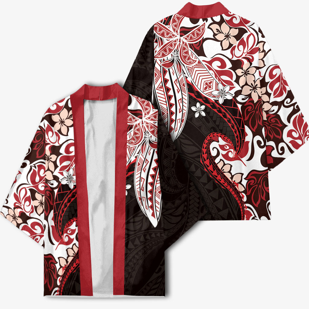 Monstera Plumeria Flowers Red Kimono Polynesian Pattern
