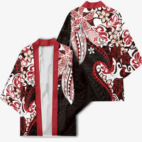 Monstera Plumeria Flowers Red Kimono Polynesian Pattern