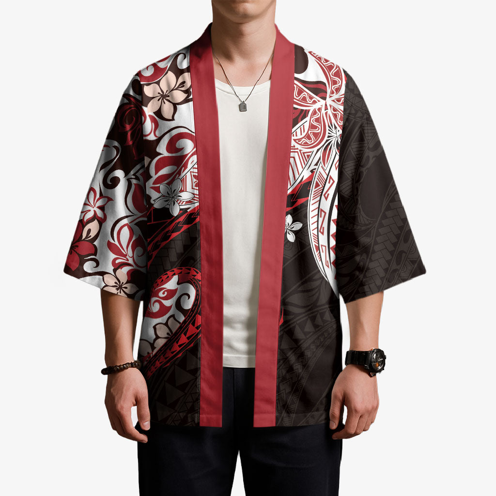 Monstera Plumeria Flowers Red Kimono Polynesian Pattern