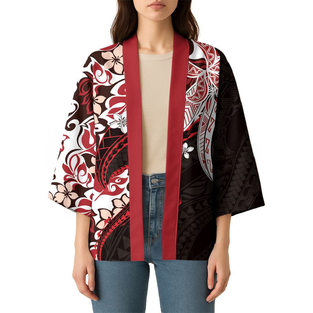 Monstera Plumeria Flowers Red Kimono Polynesian Pattern