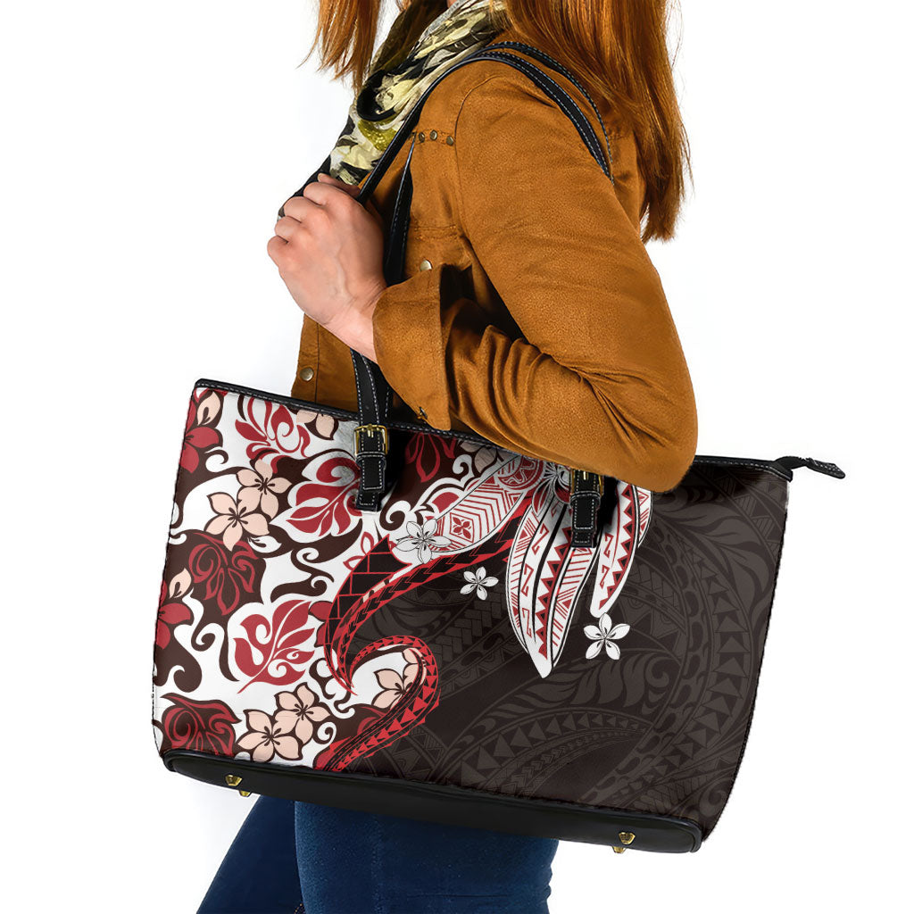 Monstera Plumeria Flowers Red Leather Tote Bag Polynesian Pattern LT01 Red - Polynesian Pride