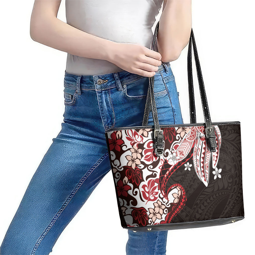 Monstera Plumeria Flowers Red Leather Tote Bag Polynesian Pattern LT01 - Polynesian Pride