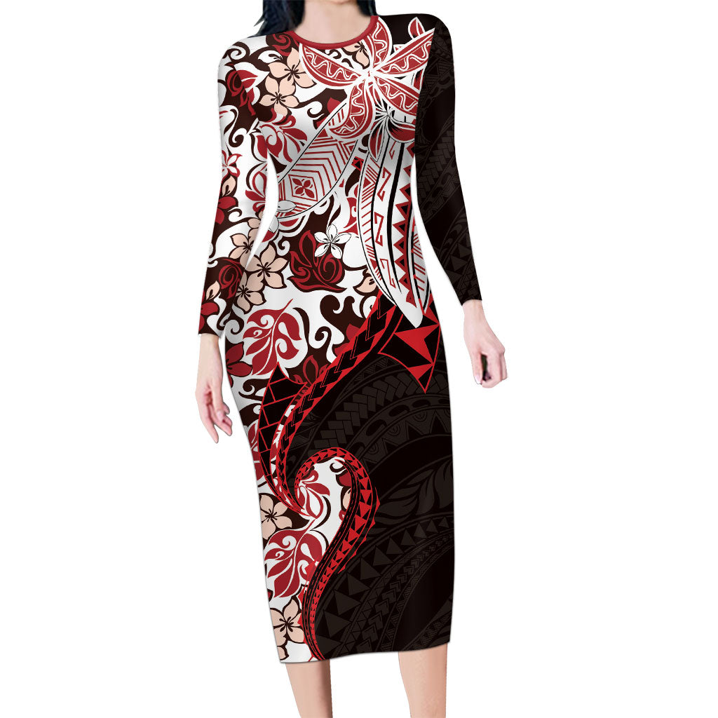 Monstera Plumeria Flowers Red Long Sleeve Bodycon Dress Polynesian Pattern