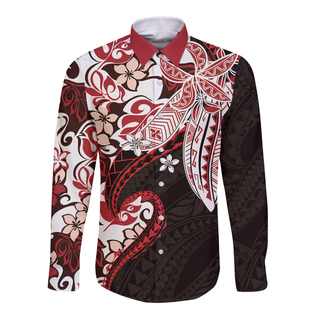 Monstera Plumeria Flowers Red Long Sleeve Button Shirt Polynesian Pattern
