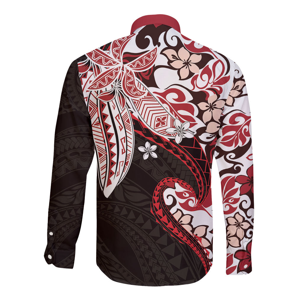 Monstera Plumeria Flowers Red Long Sleeve Button Shirt Polynesian Pattern