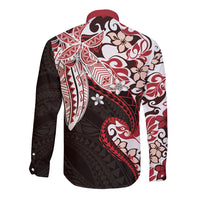 Monstera Plumeria Flowers Red Long Sleeve Button Shirt Polynesian Pattern