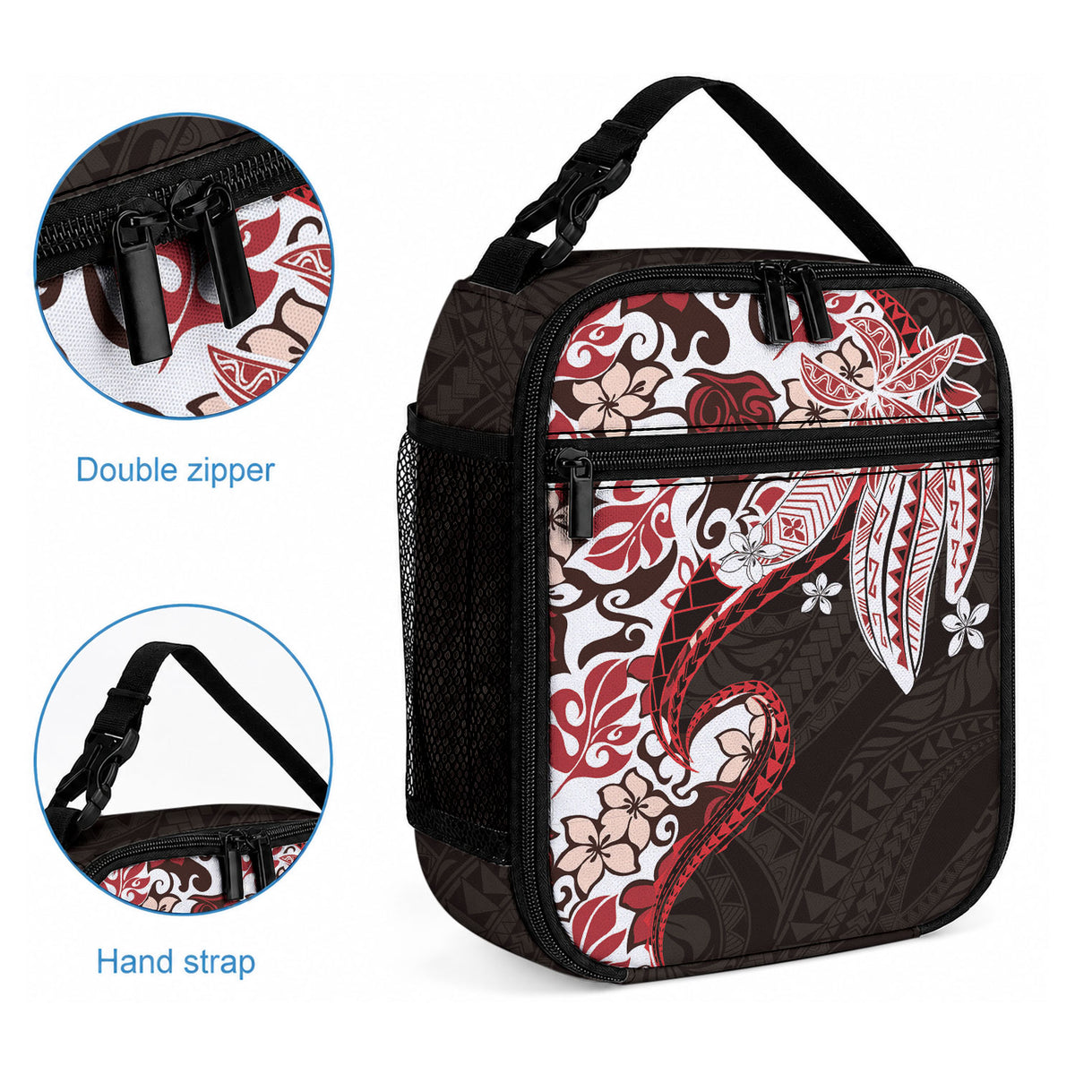 Monstera Plumeria Flowers Red Lunch Bag Polynesian Pattern