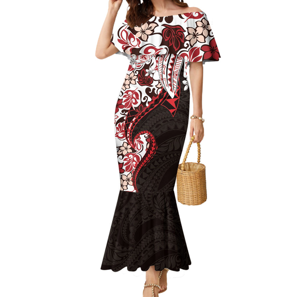 Monstera Plumeria Flowers Red Mermaid Dress Polynesian Pattern