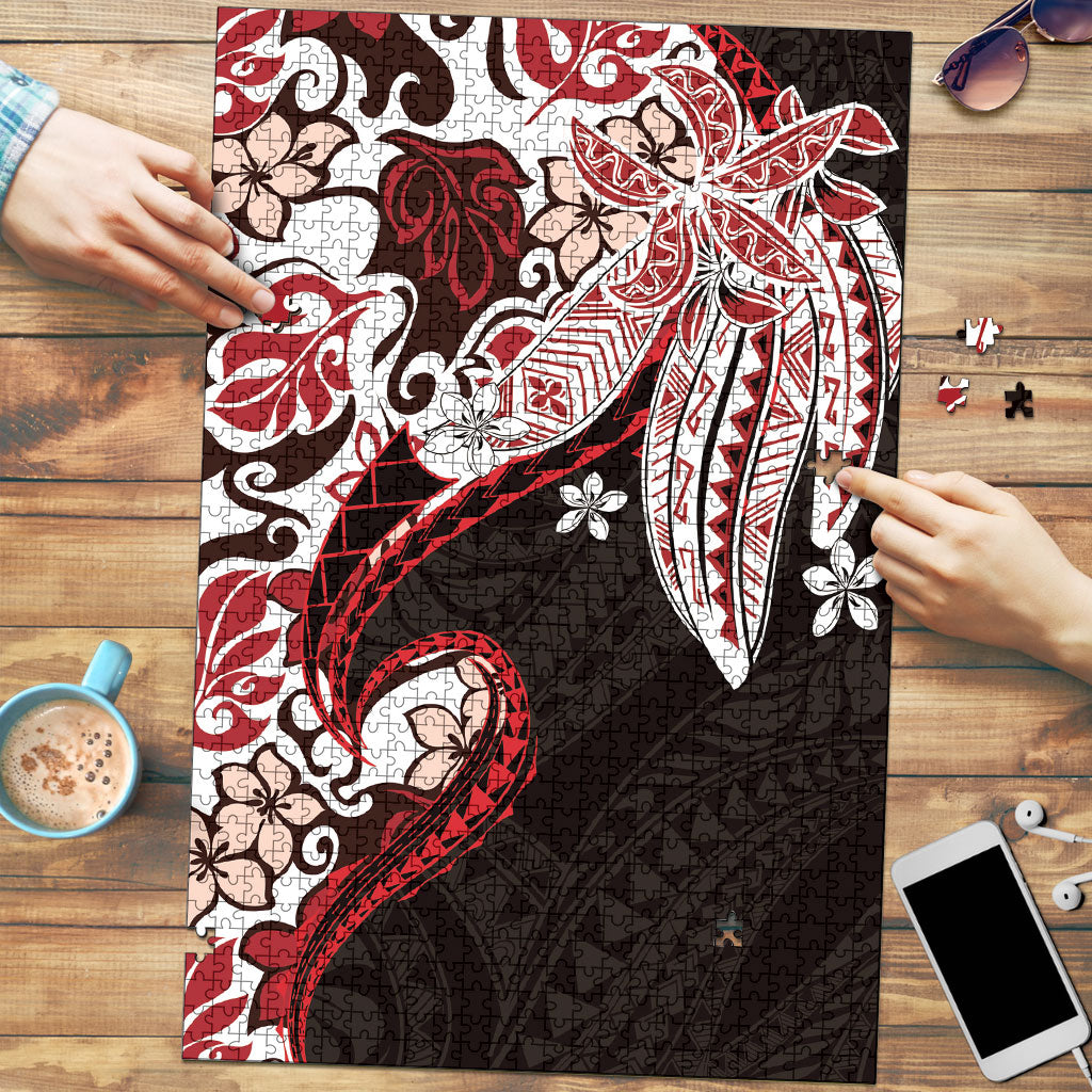 Monstera Plumeria Flowers Red Puzzle Polynesian Pattern