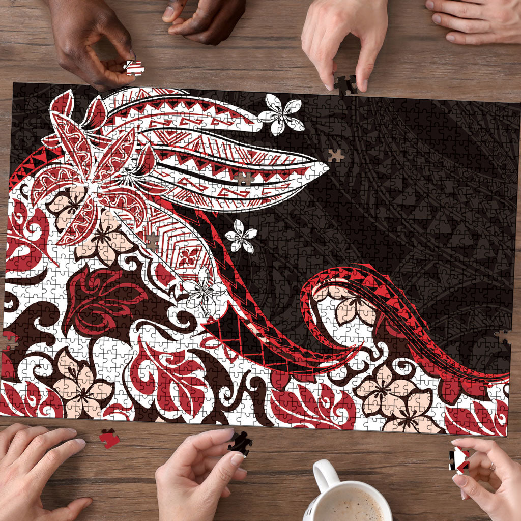Monstera Plumeria Flowers Red Puzzle Polynesian Pattern