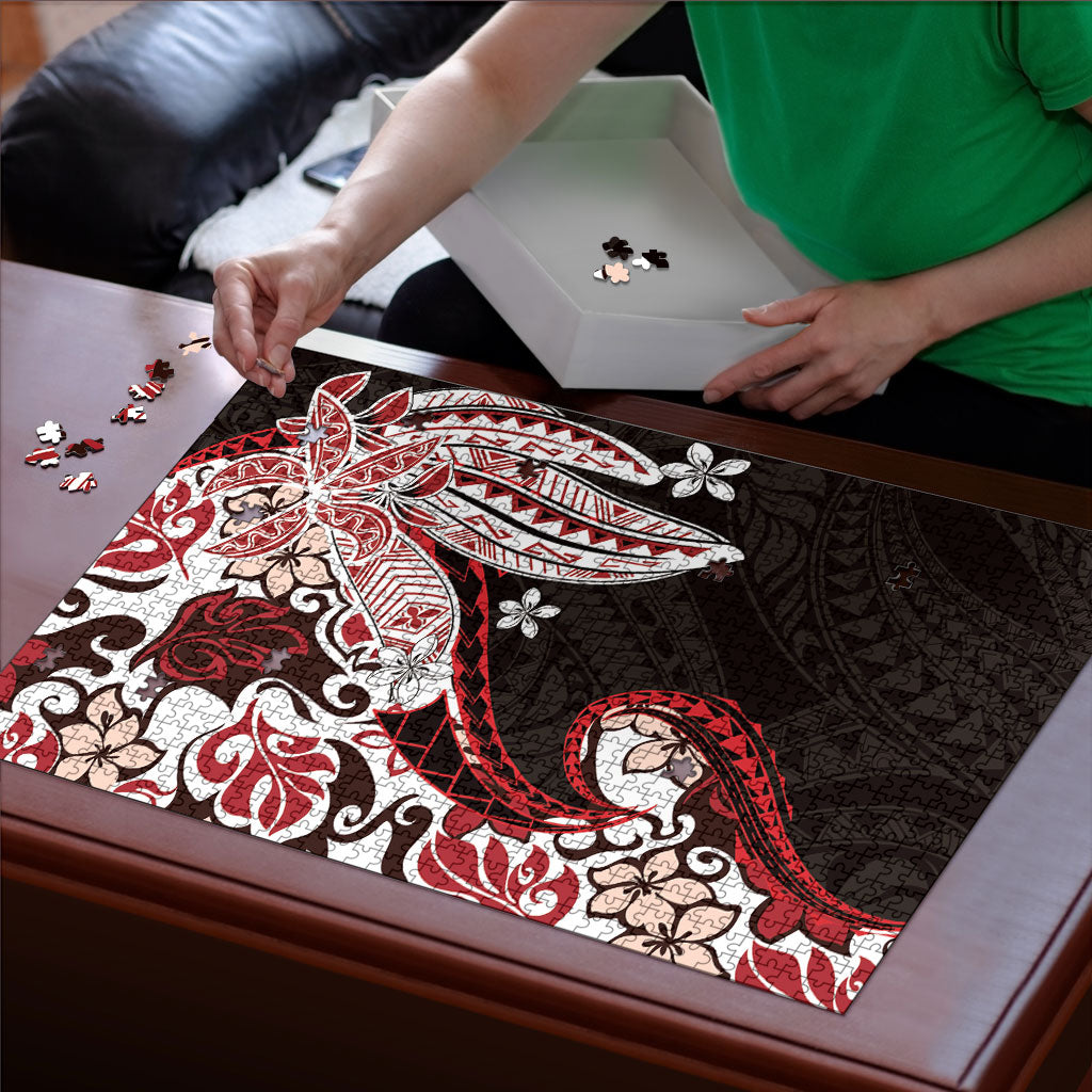 Monstera Plumeria Flowers Red Puzzle Polynesian Pattern