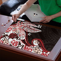 Monstera Plumeria Flowers Red Puzzle Polynesian Pattern
