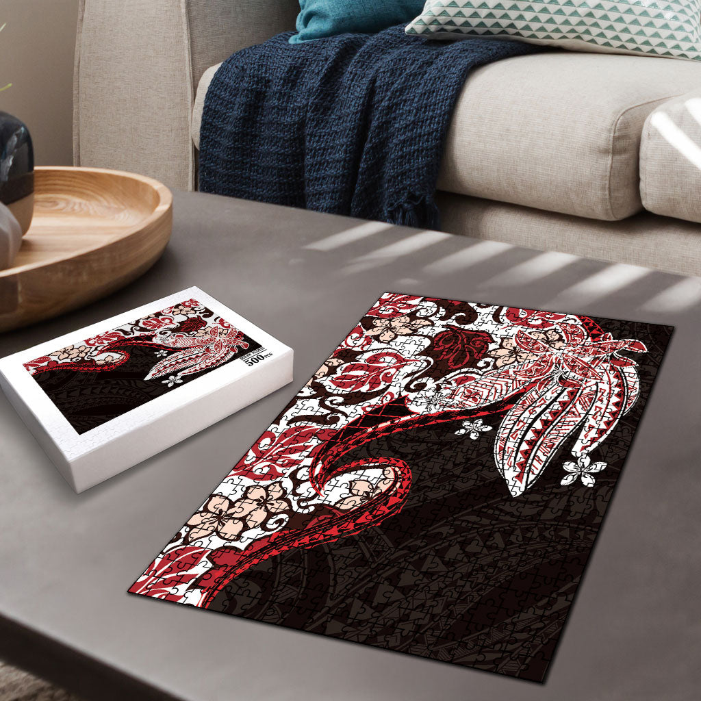 Monstera Plumeria Flowers Red Puzzle Polynesian Pattern