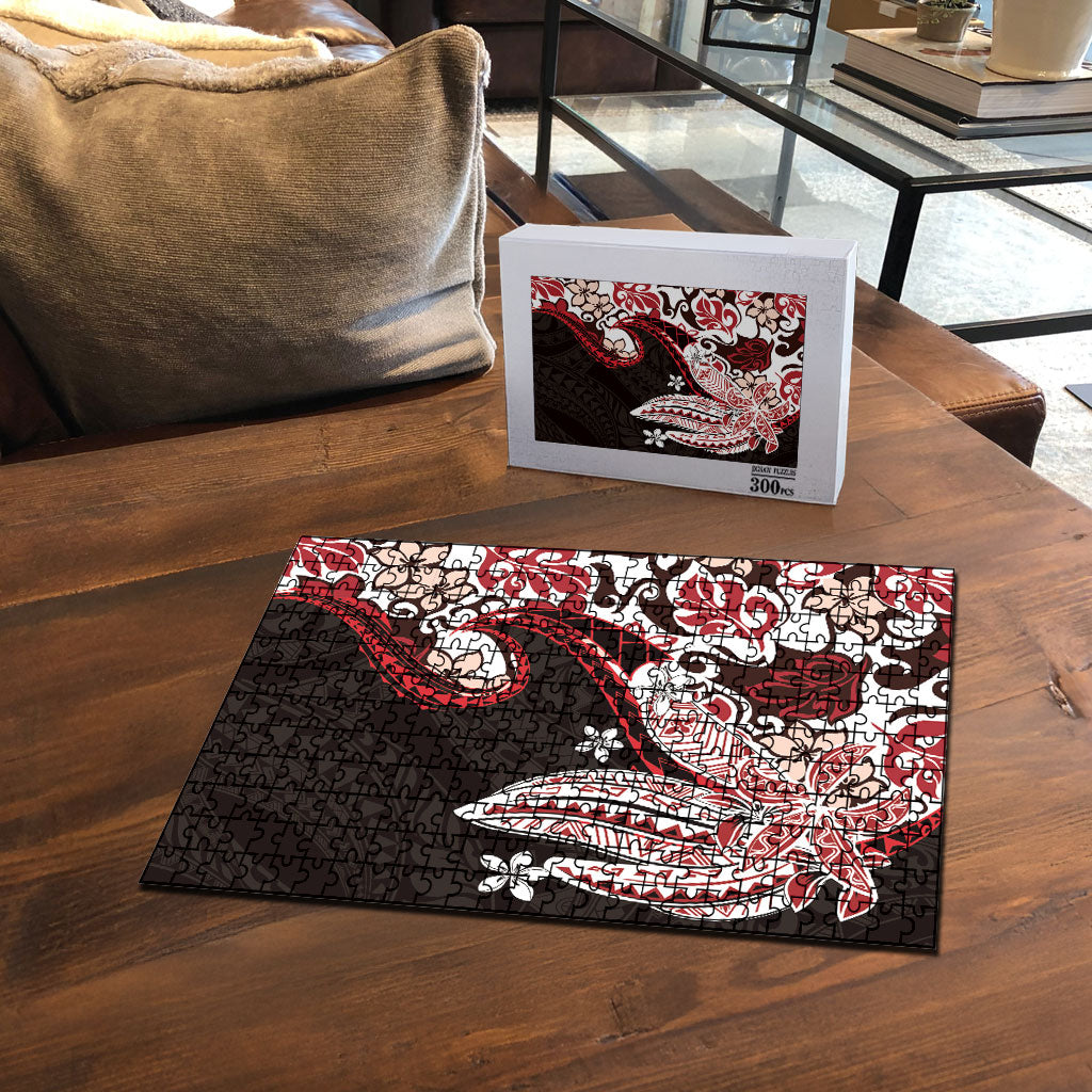 Monstera Plumeria Flowers Red Puzzle Polynesian Pattern